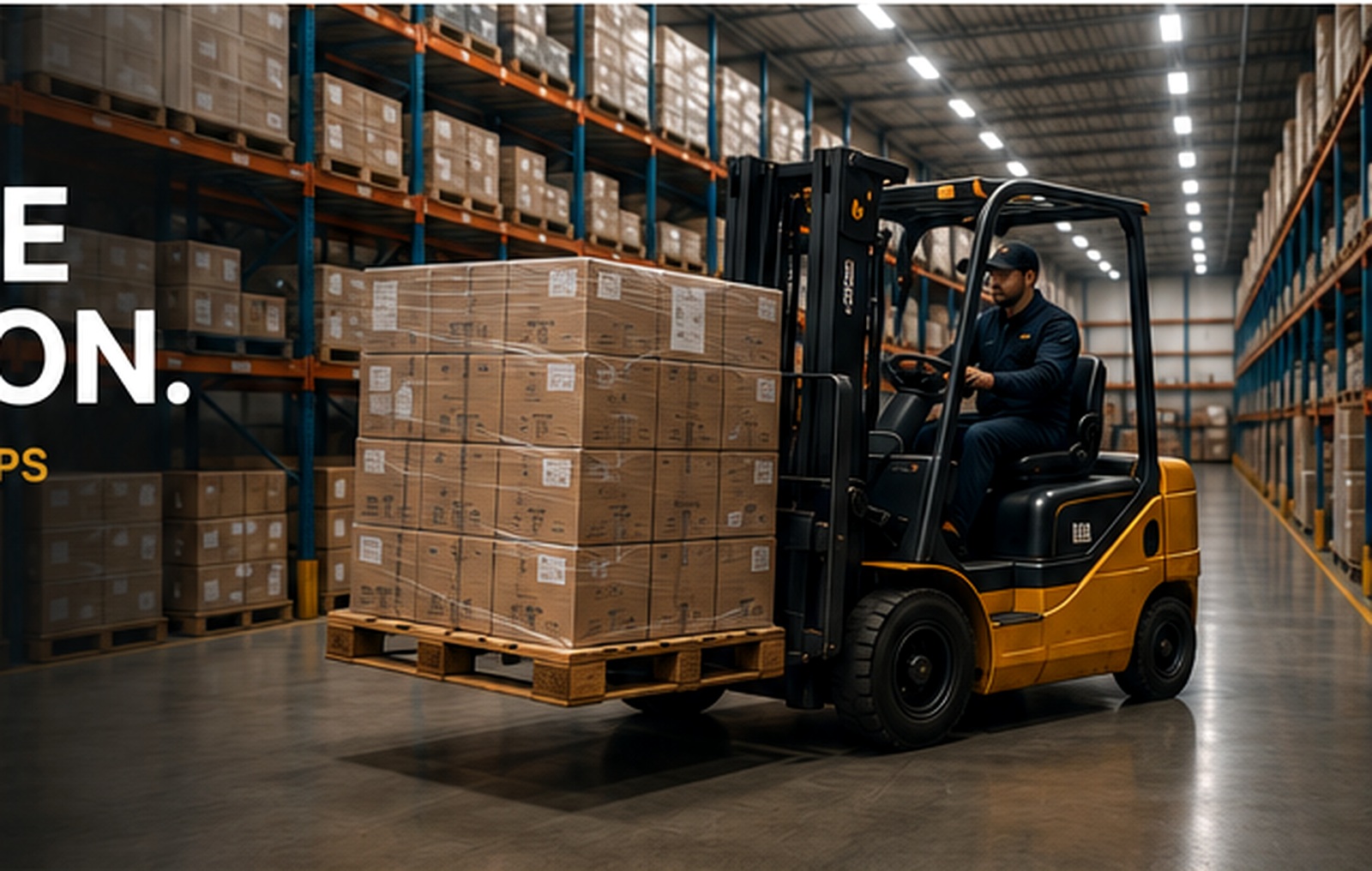 Warehouse operation with forklift and palletized products